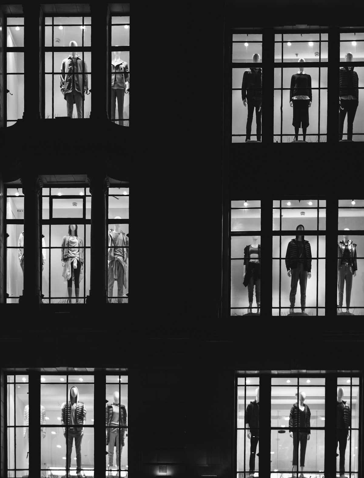 Vitrine em recortes, manequins como espécimes na bandeja